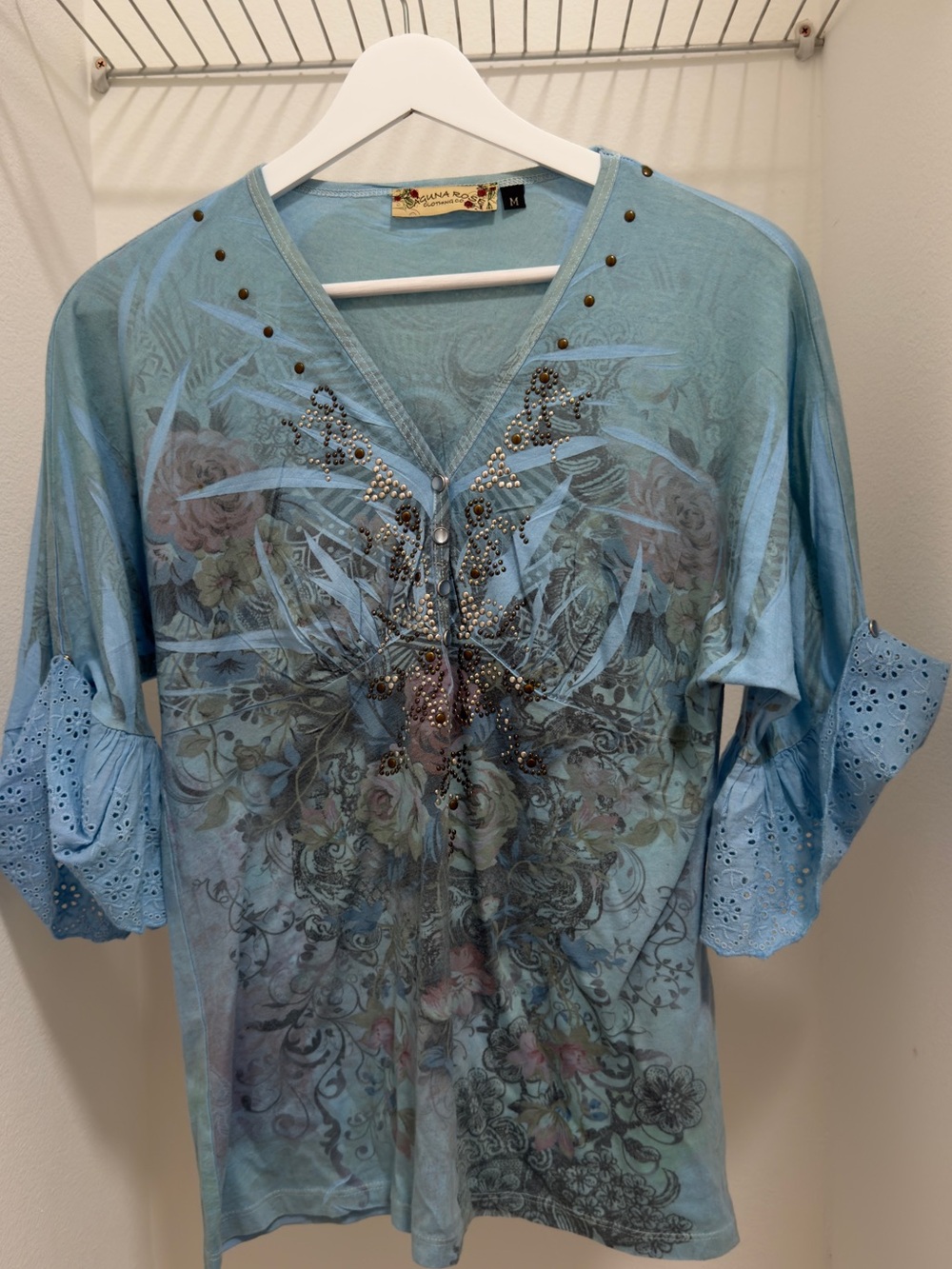 Light Blue Embellished Floral V-Neck Tunic